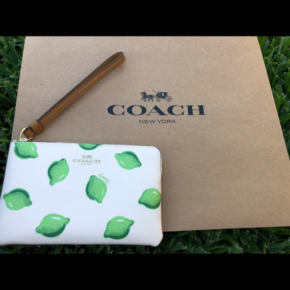 New Coach Corner Zip Wristlet With Lime Print!